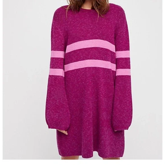 Free People On Your Team Sweater Dress Pink Size XS Balloon Sleeve Stretch Knit - Picture 1 of 11